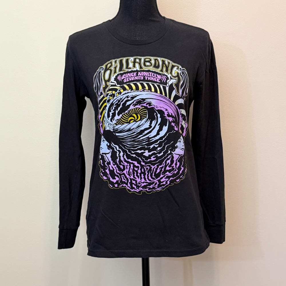 Billabong Womens M Strange Daze Long Sleeve Graphic Tee Black Grunge Retro Indie